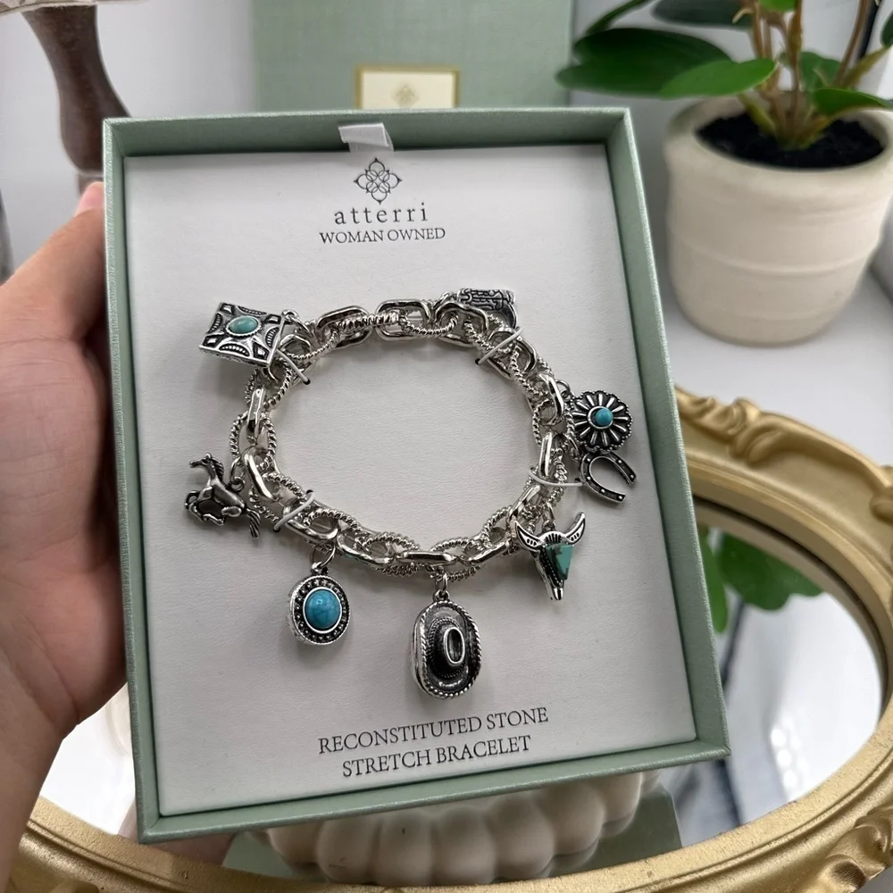Atterri Western Charm Bracelet – Silver Stretch with Reconstituted Stone Accents - Picture 4 of 5